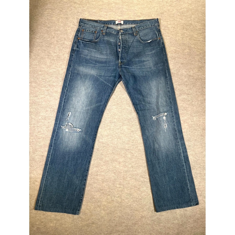 Levis 501 Original Fit Jeans Men 38x36 Blue Denim Cotton Straight Leg Distressed